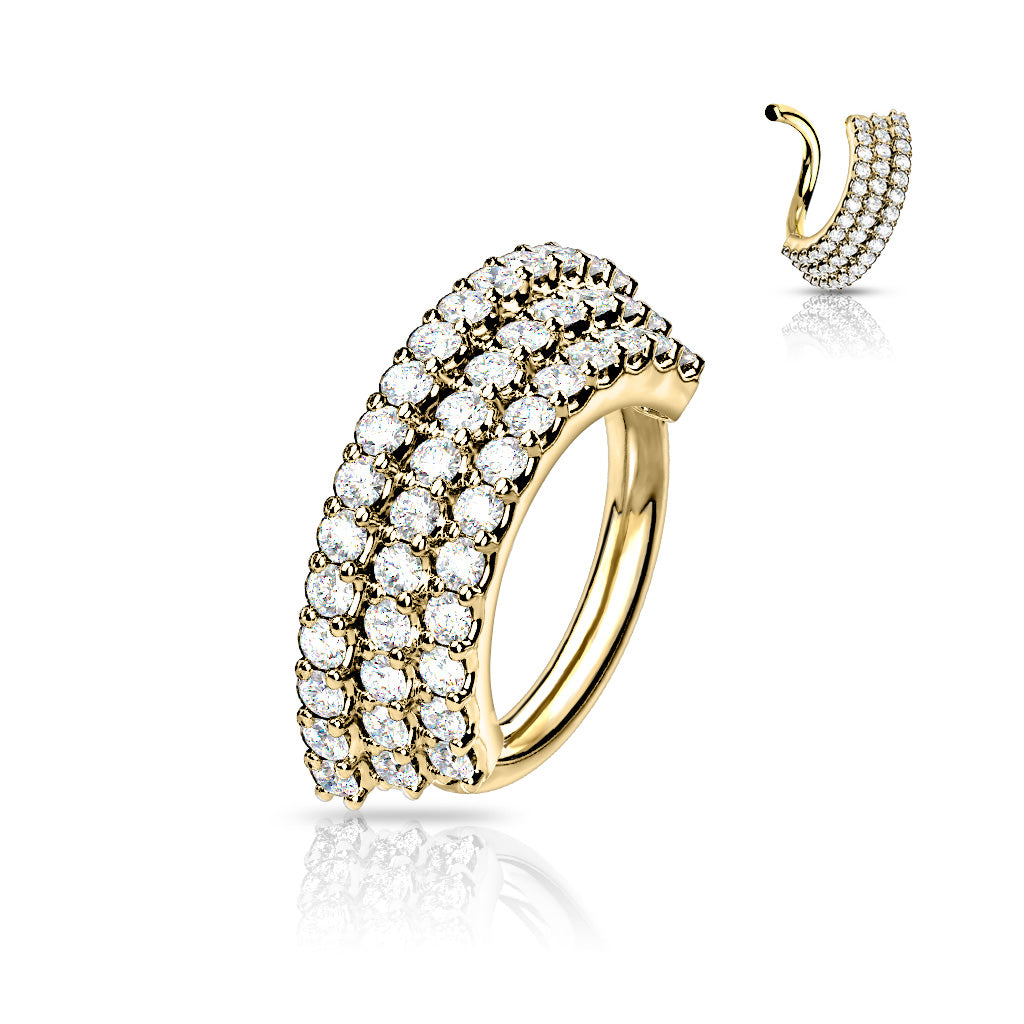 3 CZ Lined Angled Plate Bendable Hoop for Septum, Daith, Ear Cartilage, and More - Gold/Clear