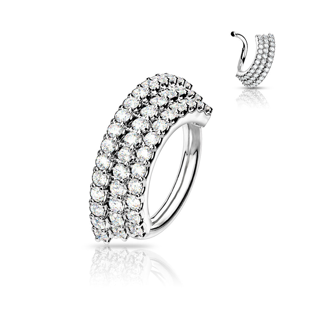 3 CZ Lined Angled Plate Bendable Hoop for Septum, Daith, Ear Cartilage, and More - Platinum/Clear