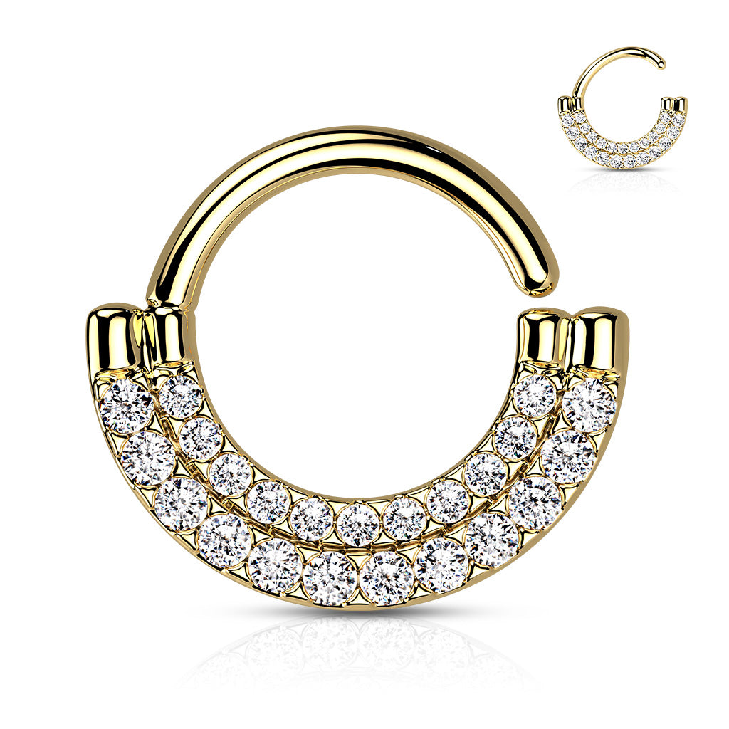 Double Lined CZ Paved Front Bendable Hoops for Daith, Cartilage, Septum and More - Gold/Clear