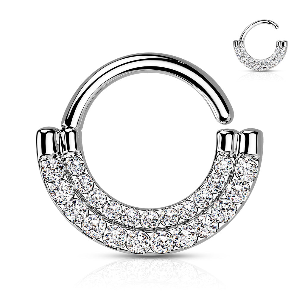 Double Lined CZ Paved Front Bendable Hoops for Daith, Cartilage, Septum and More - Platinum/Clear