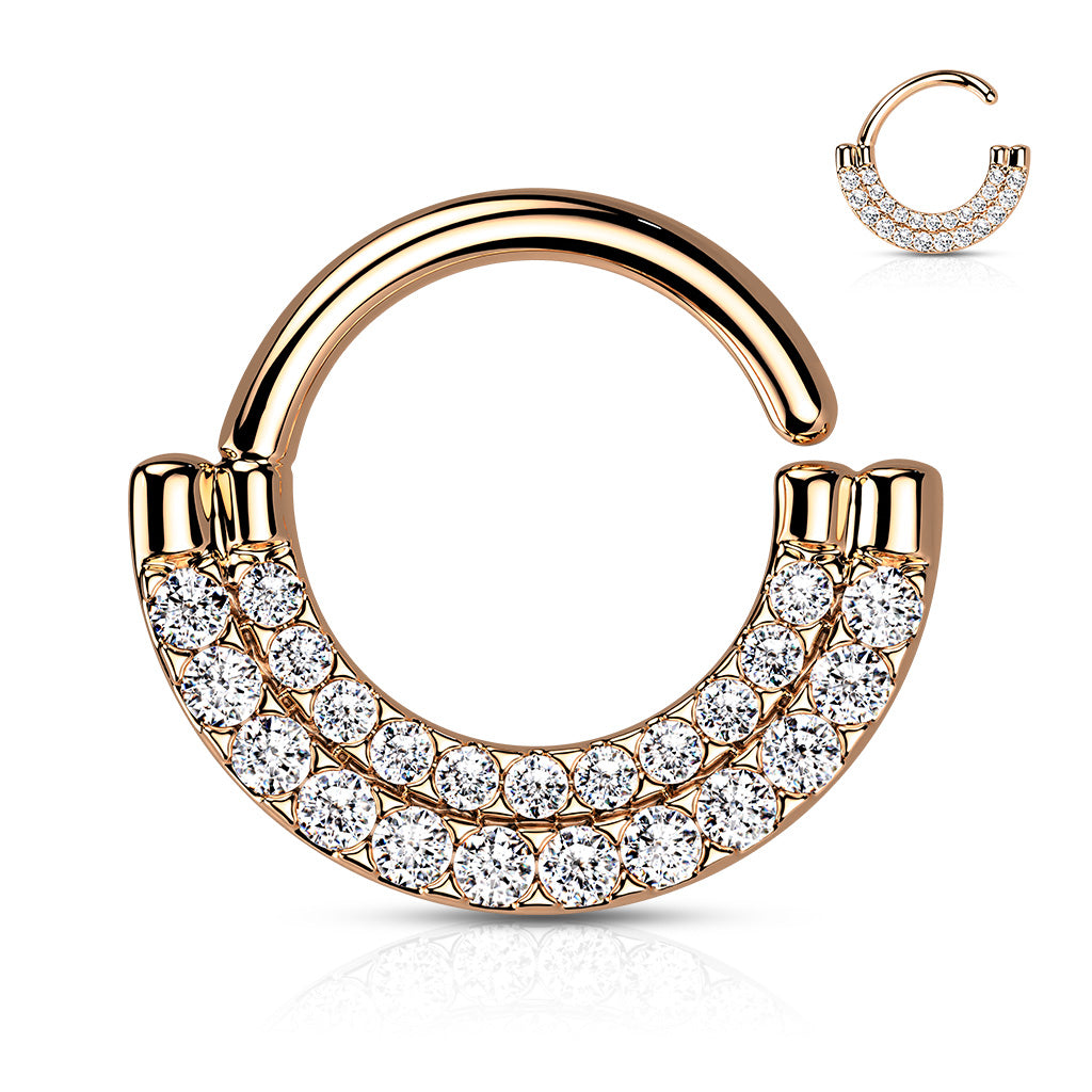 Double Lined CZ Paved Front Bendable Hoops for Daith, Cartilage, Septum and More - Rose Gold/Clear