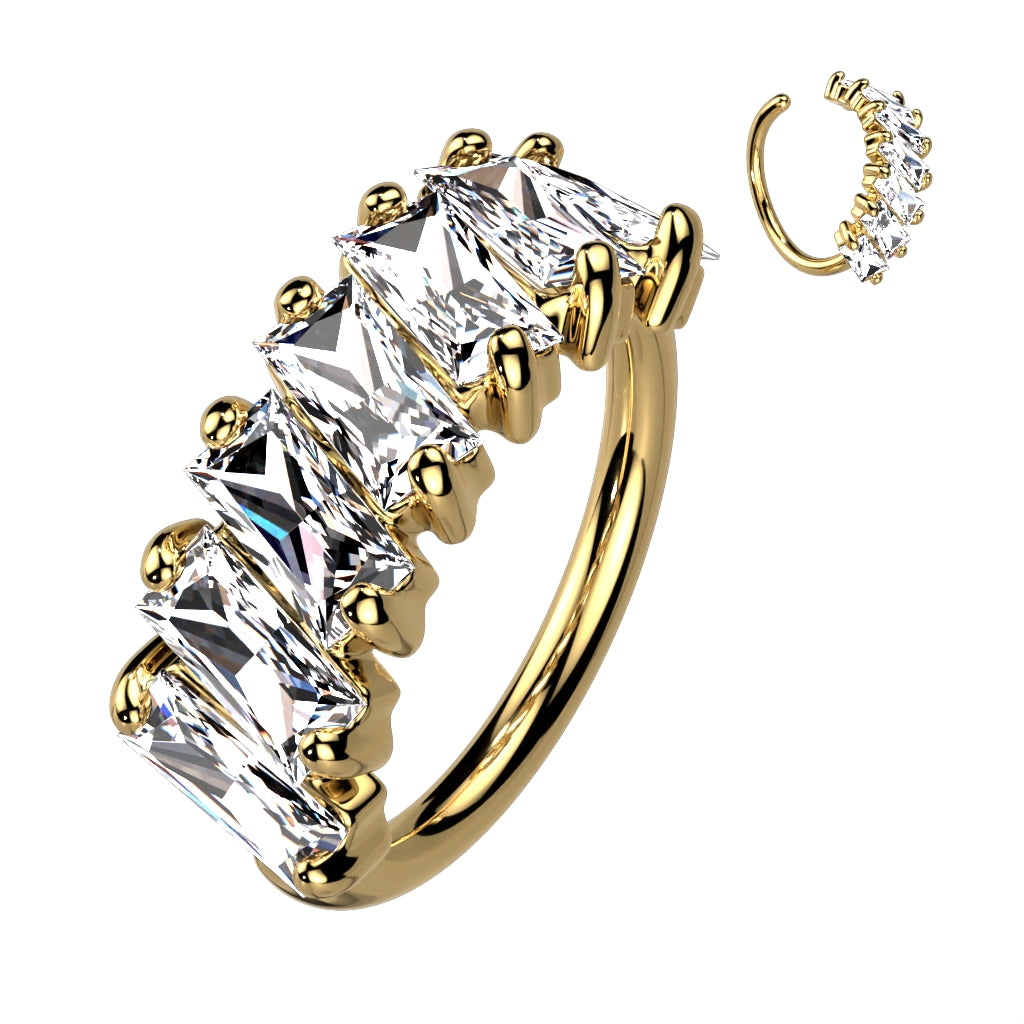 Diagonal Pave Princess Cut CZ Bendable Hoop for Septum, Daith, Ear Cartilage, Nose and More - Gold/Clear