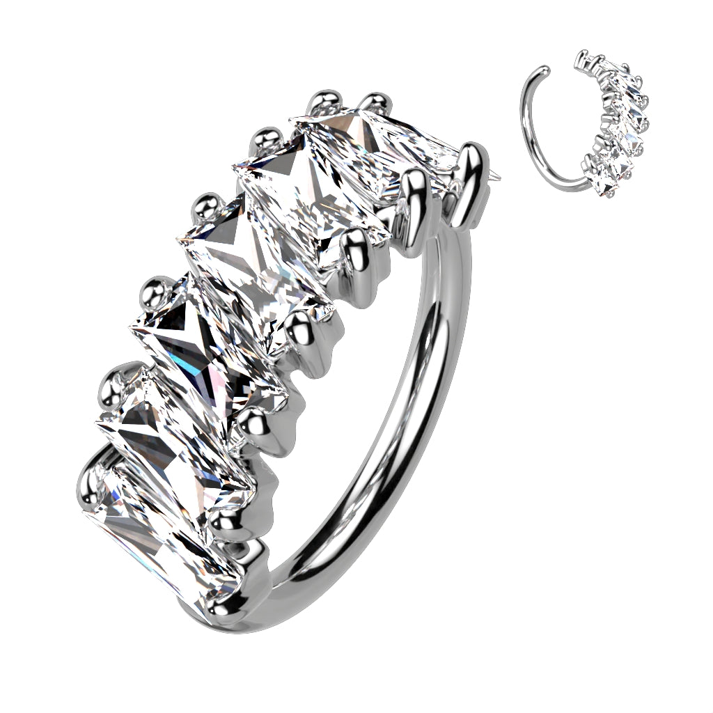 Diagonal Pave Princess Cut CZ Bendable Hoop for Septum, Daith, Ear Cartilage, Nose and More - Platinum/Clear