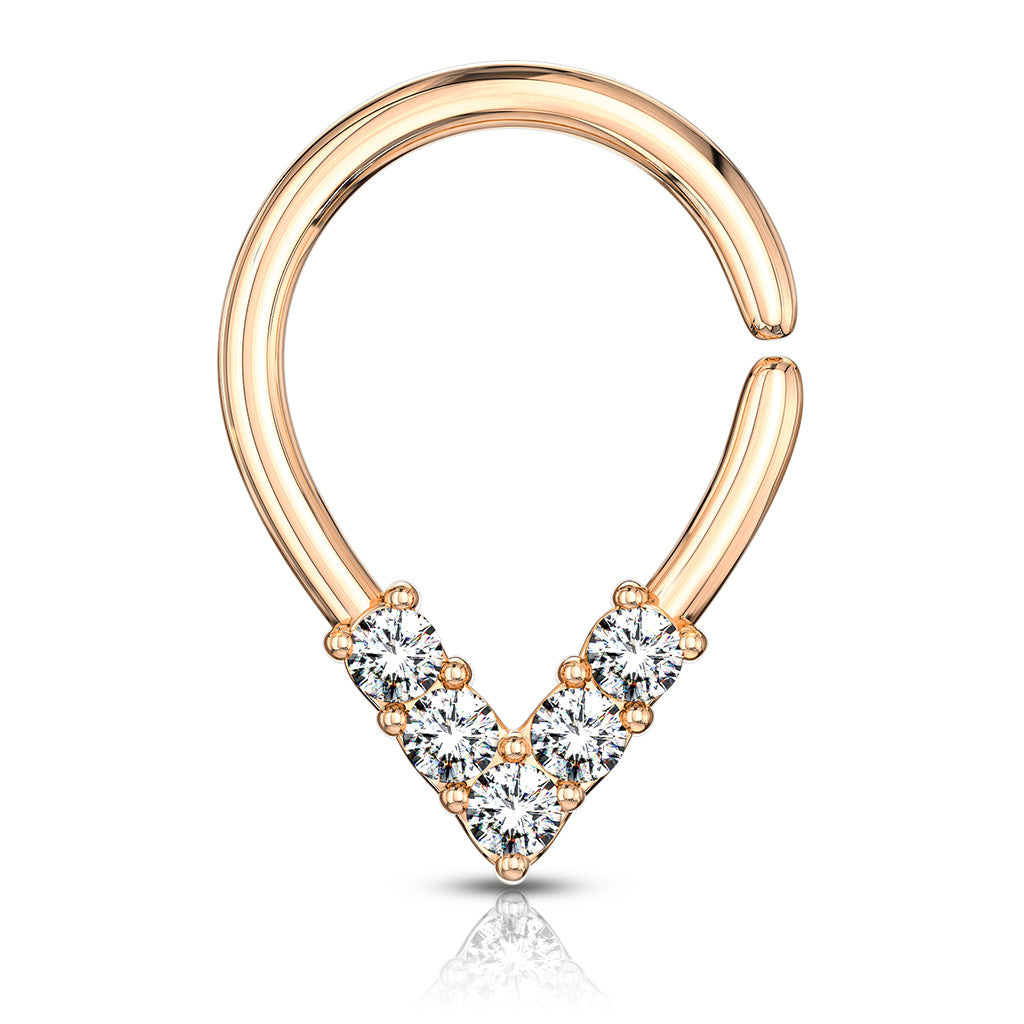 5 CZ Lined Pear Shaped Bendable Cut Ring for Cartilage, Tragus, Septum, and More - Rose Gold/Clear
