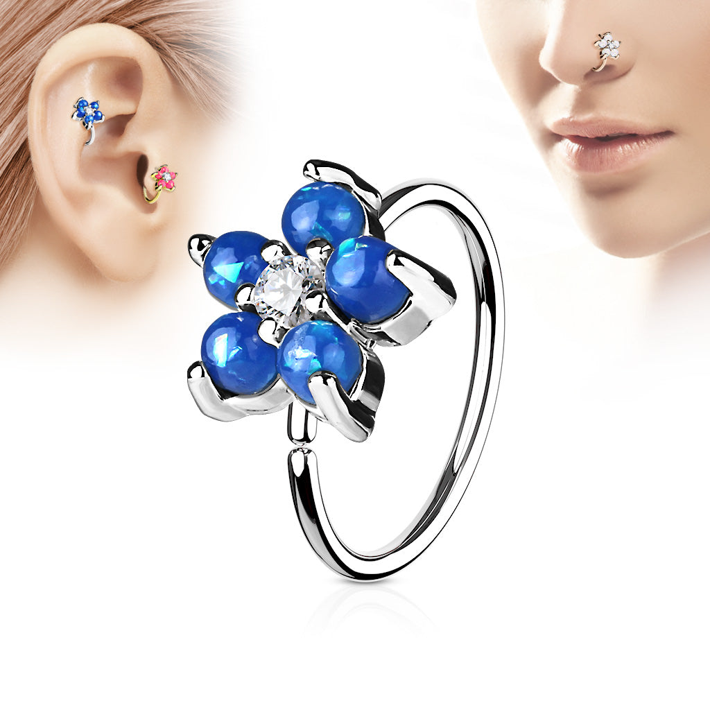 Opal Glitter Set Flower Petals CZ Center 316L Surgical Steel Hoop Ring For Nose And Ear Cartilage - Blue