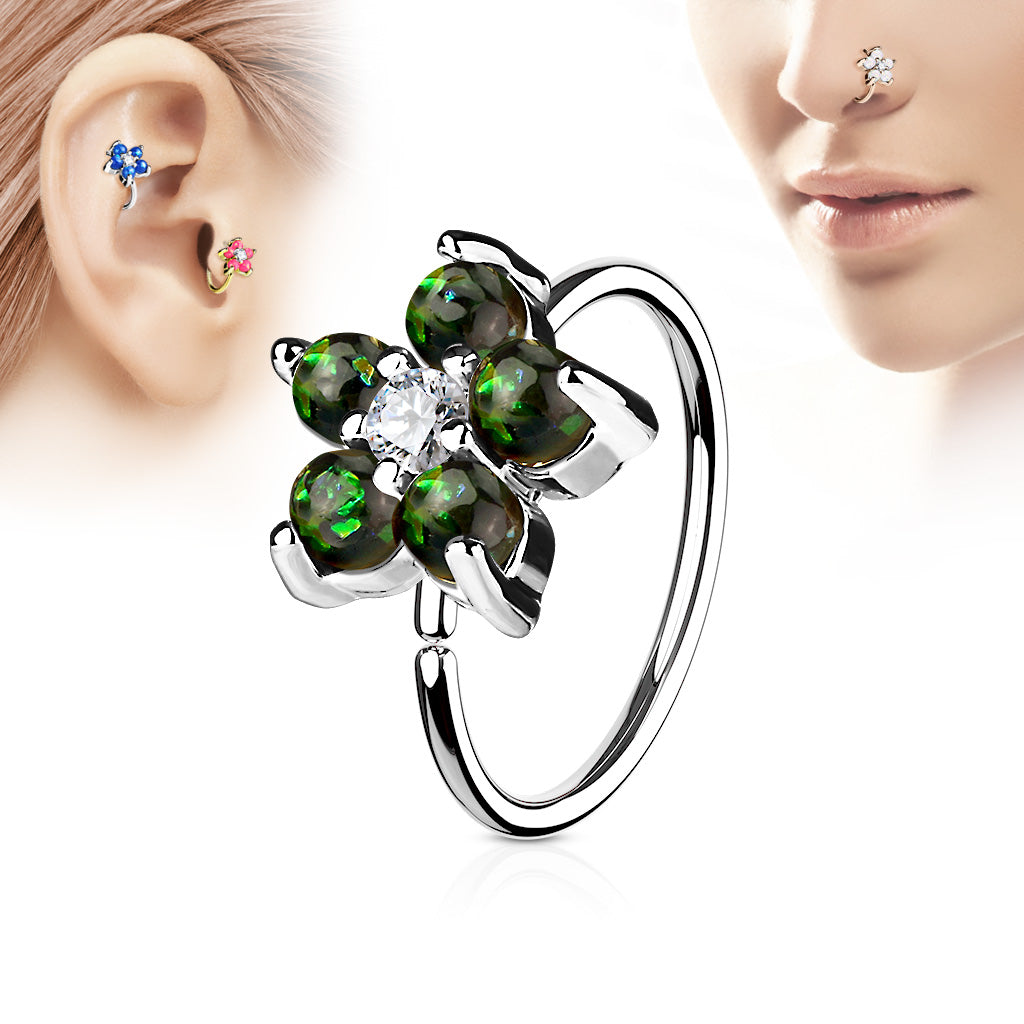 Opal Glitter Set Flower Petals CZ Center 316L Surgical Steel Hoop Ring For Nose And Ear Cartilage - Dark Green