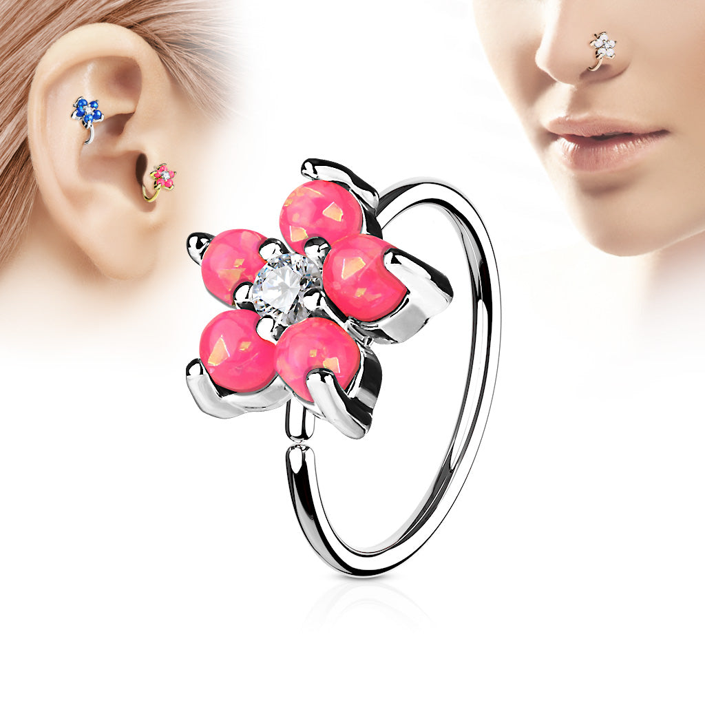 Opal Glitter Set Flower Petals CZ Center 316L Surgical Steel Hoop Ring For Nose And Ear Cartilage - Pink