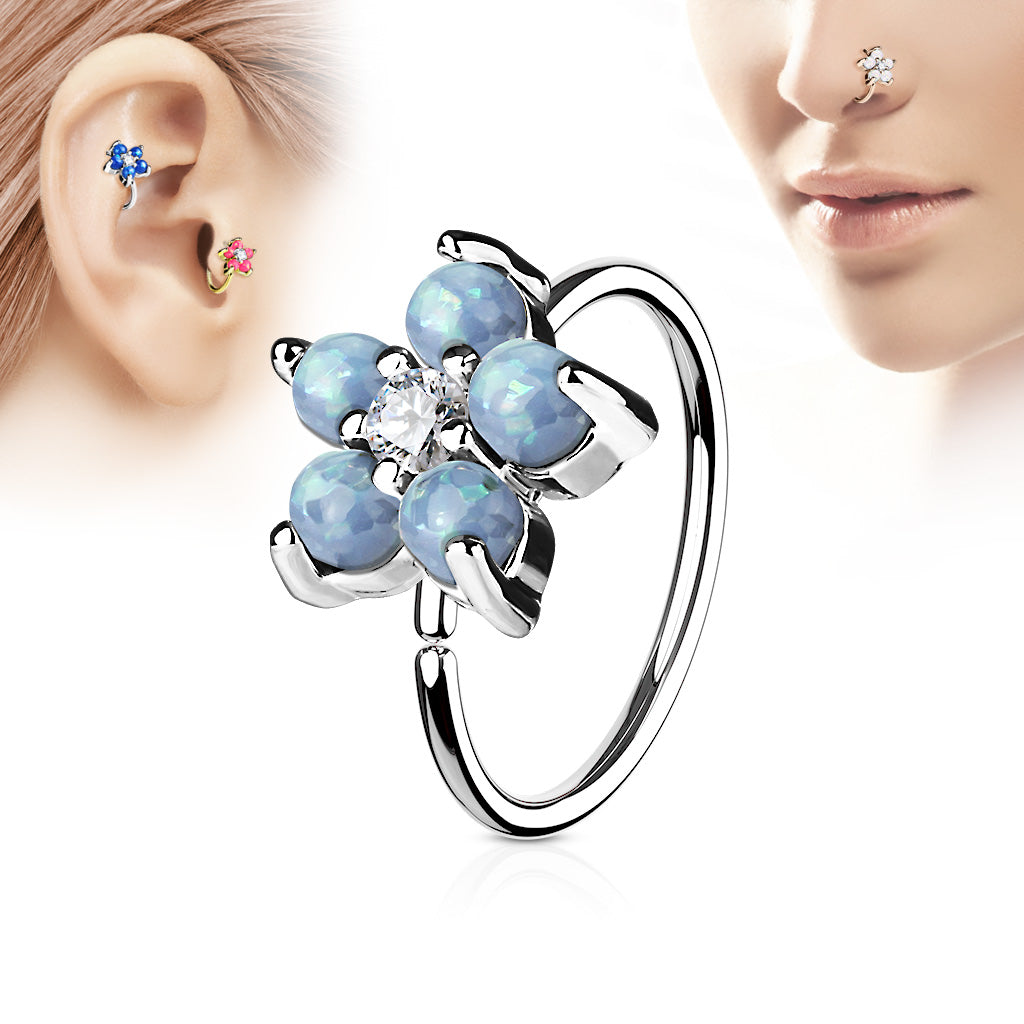 Opal Glitter Set Flower Petals CZ Center 316L Surgical Steel Hoop Ring For Nose And Ear Cartilage - Aqua