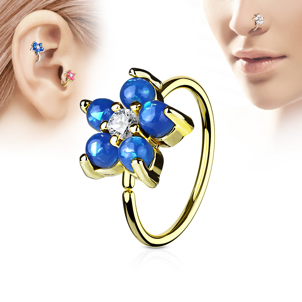 Gold IP Plated Opal Glitter Set Flower Petals CZ Center 316L Surgical Steel Hoop Ring for Nose & Ear Cartilage - Blue