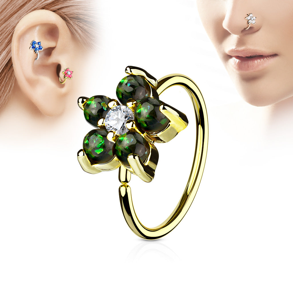Gold IP Plated Opal Glitter Set Flower Petals CZ Center 316L Surgical Steel Hoop Ring for Nose & Ear Cartilage - Dark Green