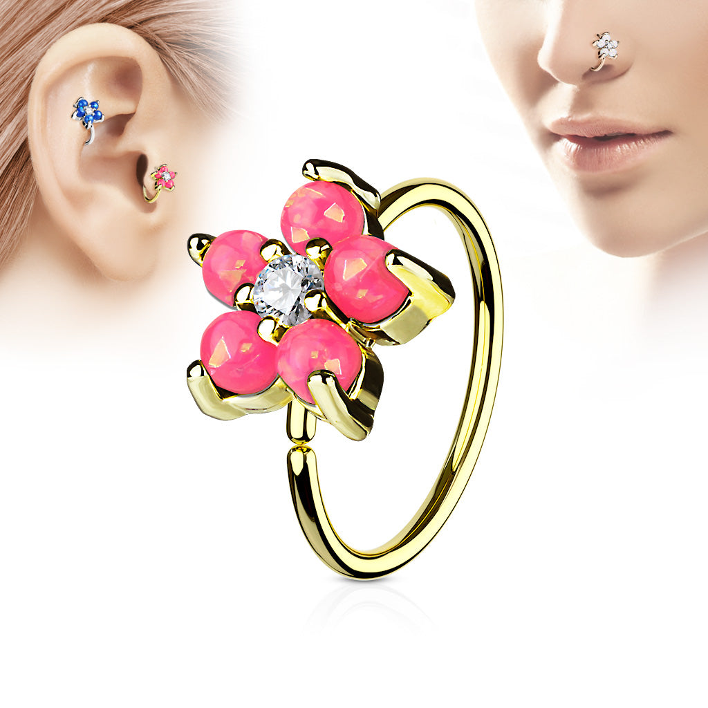 Gold IP Plated Opal Glitter Set Flower Petals CZ Center 316L Surgical Steel Hoop Ring for Nose & Ear Cartilage - Pink