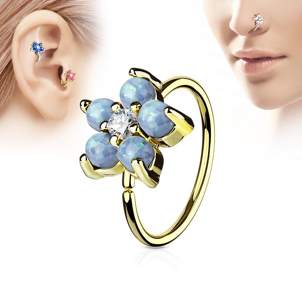 Gold IP Plated Opal Glitter Set Flower Petals CZ Center 316L Surgical Steel Hoop Ring for Nose & Ear Cartilage - Aqua