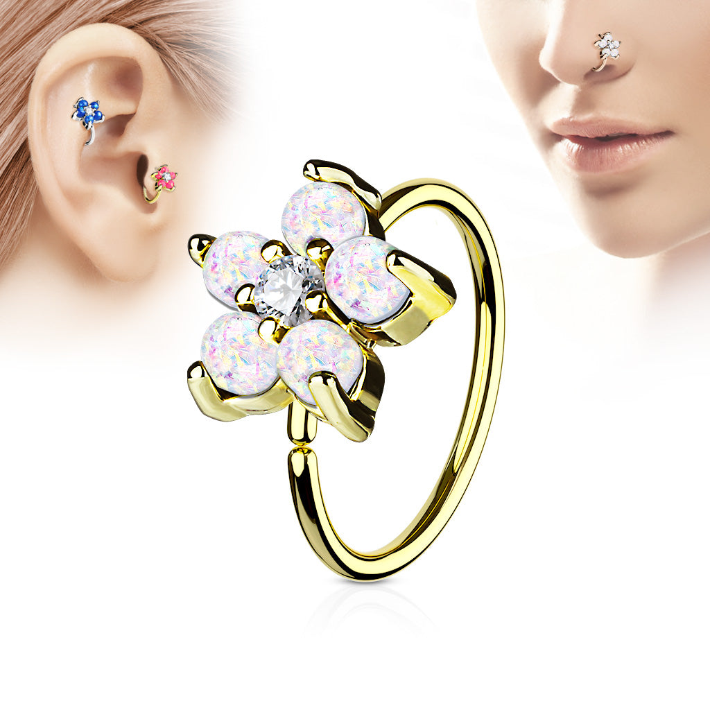 Gold IP Plated Opal Glitter Set Flower Petals CZ Center 316L Surgical Steel Hoop Ring for Nose & Ear Cartilage - White