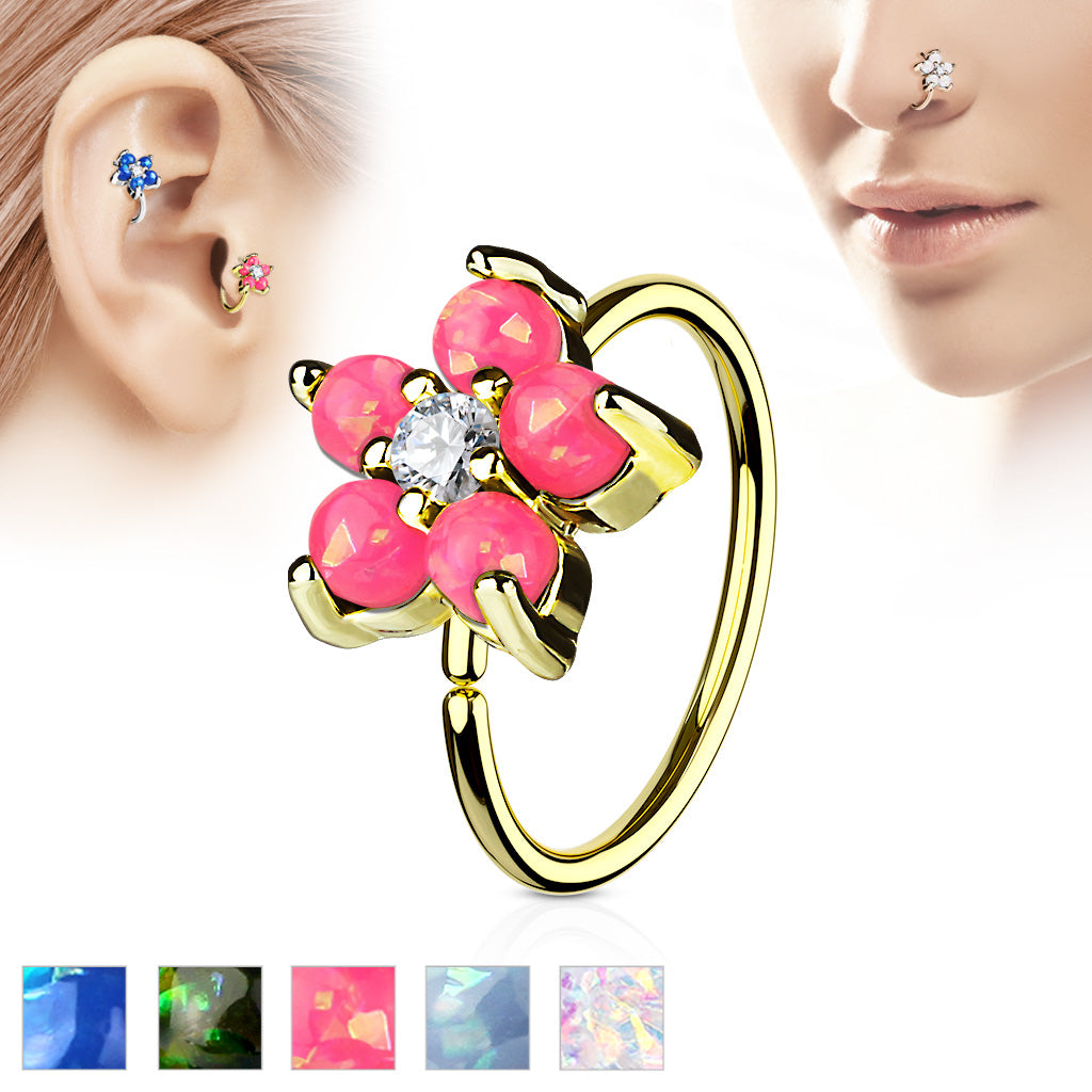 Gold IP Plated Opal Glitter Set Flower Petals CZ Center 316L Surgical Steel Hoop Ring for Nose & Ear Cartilage - all colors