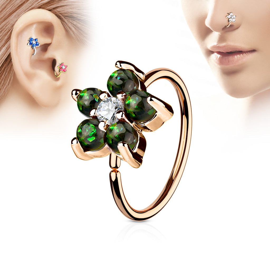 Rose Gold IP Plated Opal Glitter Set Flower Petals CZ Center 316L Surgical Steel Hoop Ring for Nose & Ear Cartilage - Dark Green