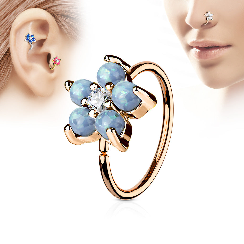 Rose Gold IP Plated Opal Glitter Set Flower Petals CZ Center 316L Surgical Steel Hoop Ring for Nose & Ear Cartilage - Aqua
