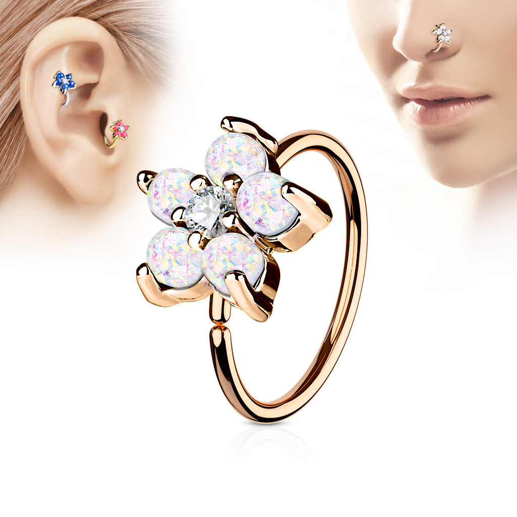Rose Gold IP Plated Opal Glitter Set Flower Petals CZ Center 316L Surgical Steel Hoop Ring for Nose & Ear Cartilage - White