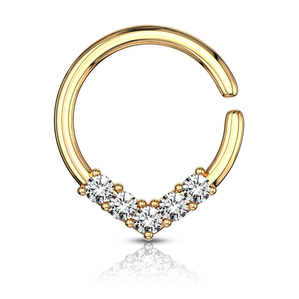 5 CZ Set V Shaped on Round Bendable Cut Ring for Cartilage, Tragus, Septum, and More - Gold/Clear