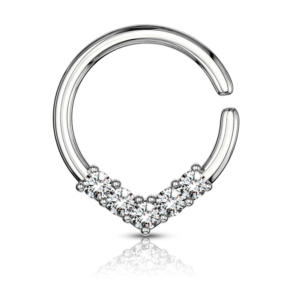 5 CZ Set V Shaped on Round Bendable Cut Ring for Cartilage, Tragus, Septum, and More - Platinum/Clear