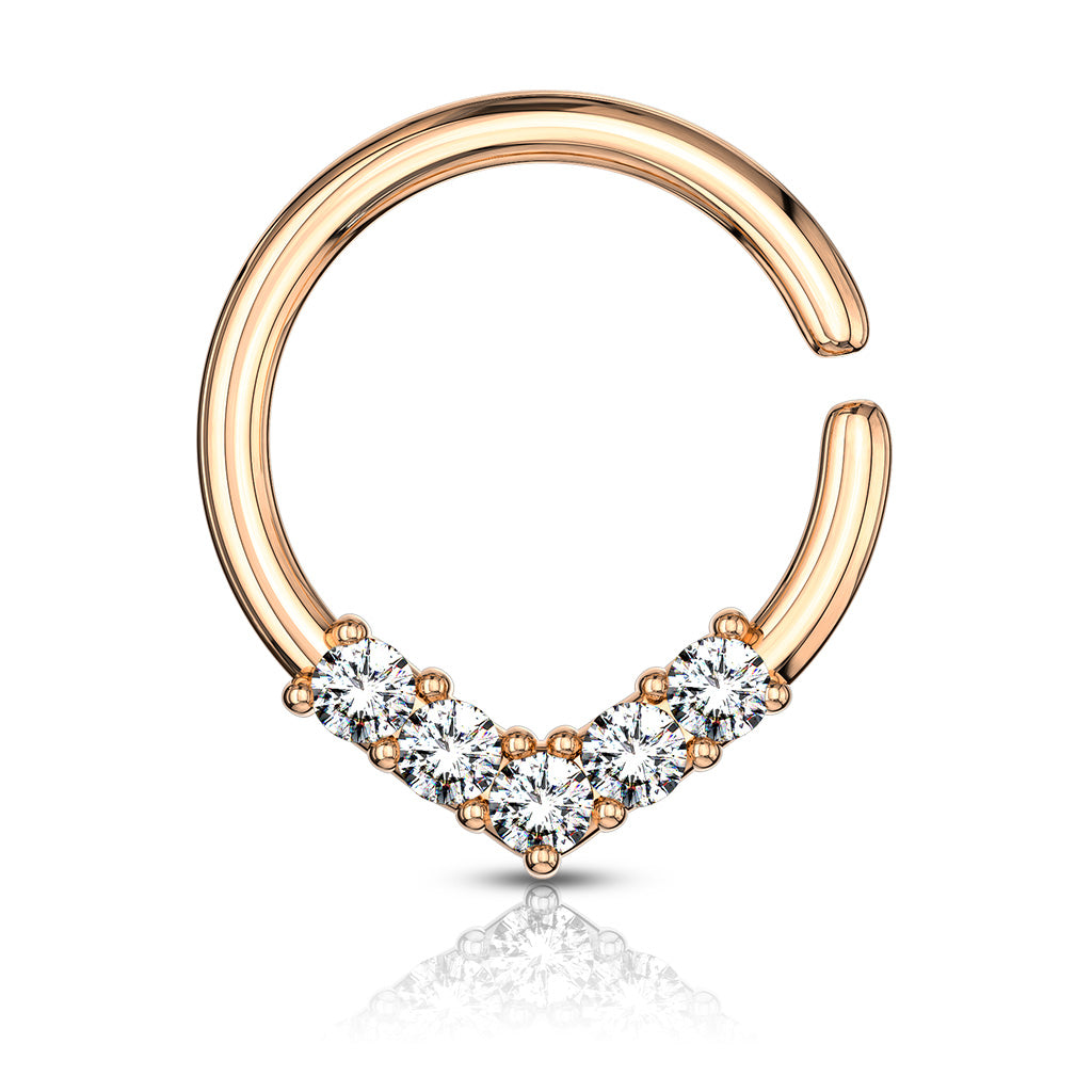 5 CZ Set V Shaped on Round Bendable Cut Ring for Cartilage, Tragus, Septum, and More - Rose Gold/Clear