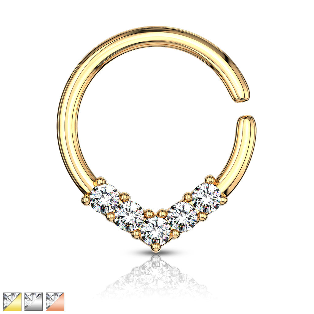 5 CZ Set V Shaped on Round Bendable Cut Ring for Cartilage, Tragus, Septum, and More - all colors