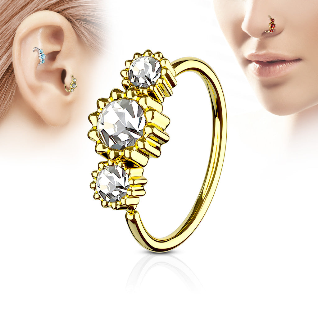3 Round CZ Set Gold IP Plated 316L Surgical Steel Hoop Ring for Nose & Ear Cartilage - Clear
