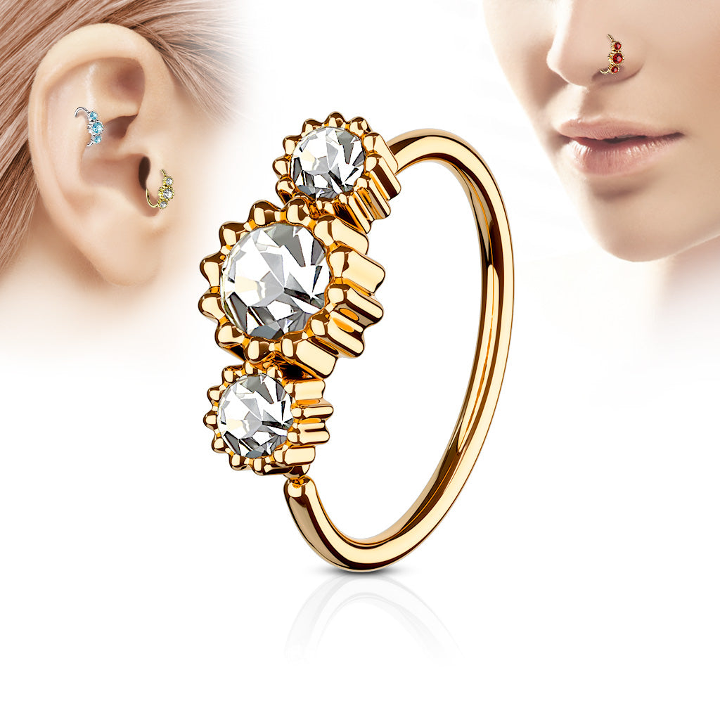 3 Round CZ Set Rose Gold IP Plated 316L Surgical Steel Hoop Ring for Nose & Ear Cartilage - Clear
