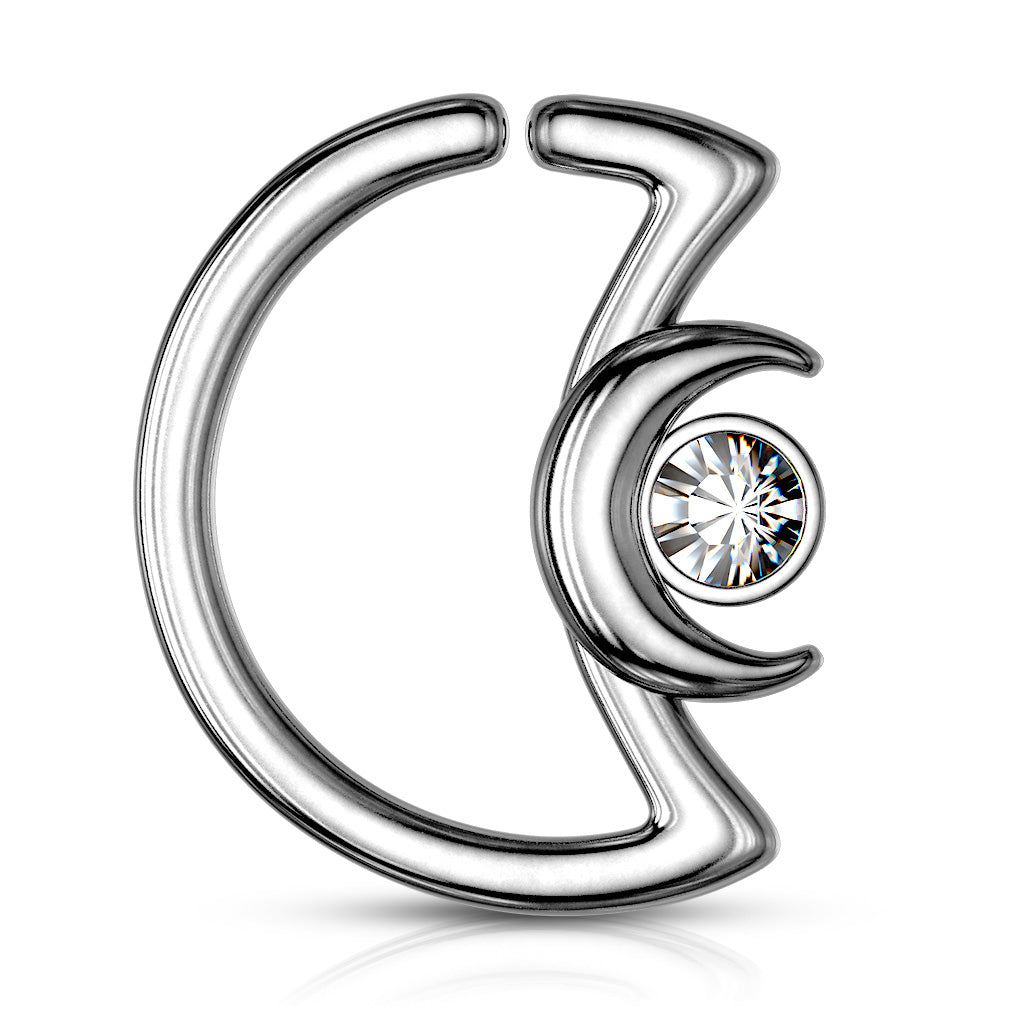 Crescent Moon with Crystal on Crescent Moon Shape 316L Surgical Steel Ear Cartilage, Daith Hoop Rings - Clear