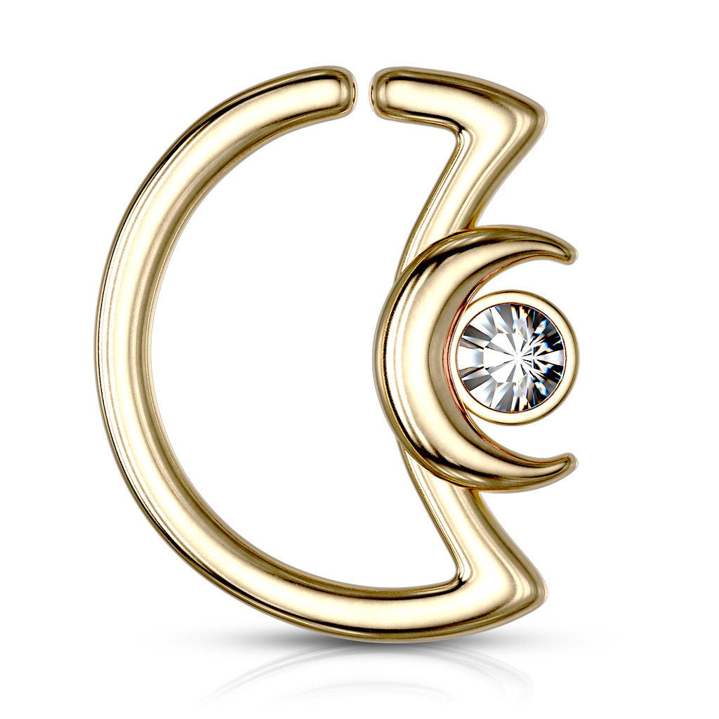 Crescent Moon with Crystal on Crescent Moon Shape 316L Surgical Steel Ear Cartilage, Daith Hoop Rings - Gold/Clear