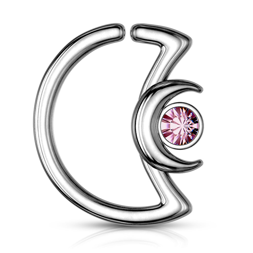 Crescent Moon with Crystal on Crescent Moon Shape 316L Surgical Steel Ear Cartilage, Daith Hoop Rings - Pink