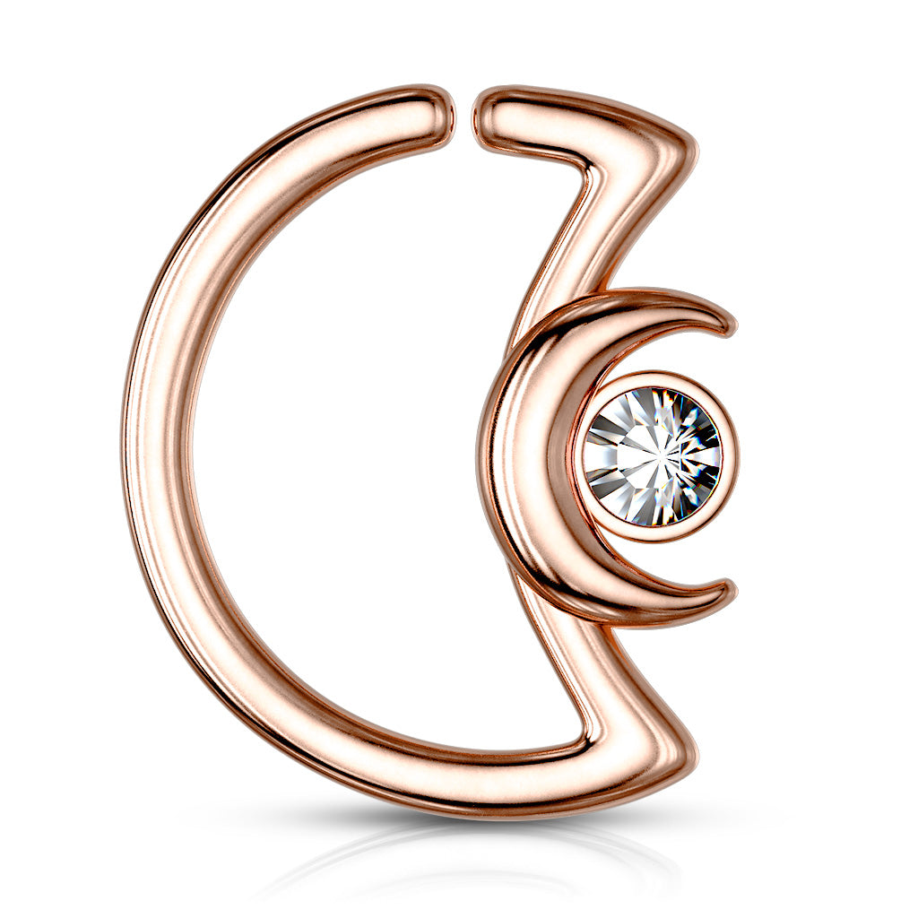 Crescent Moon with Crystal on Crescent Moon Shape 316L Surgical Steel Ear Cartilage, Daith Hoop Rings - Rose Gold/Clear