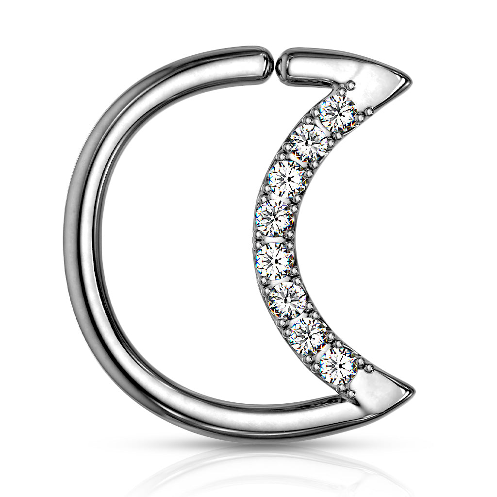 Crystal Lined Crescent Moon Shaped Ear Cartilage, Daith Hoop Rings - Platinum/Clear