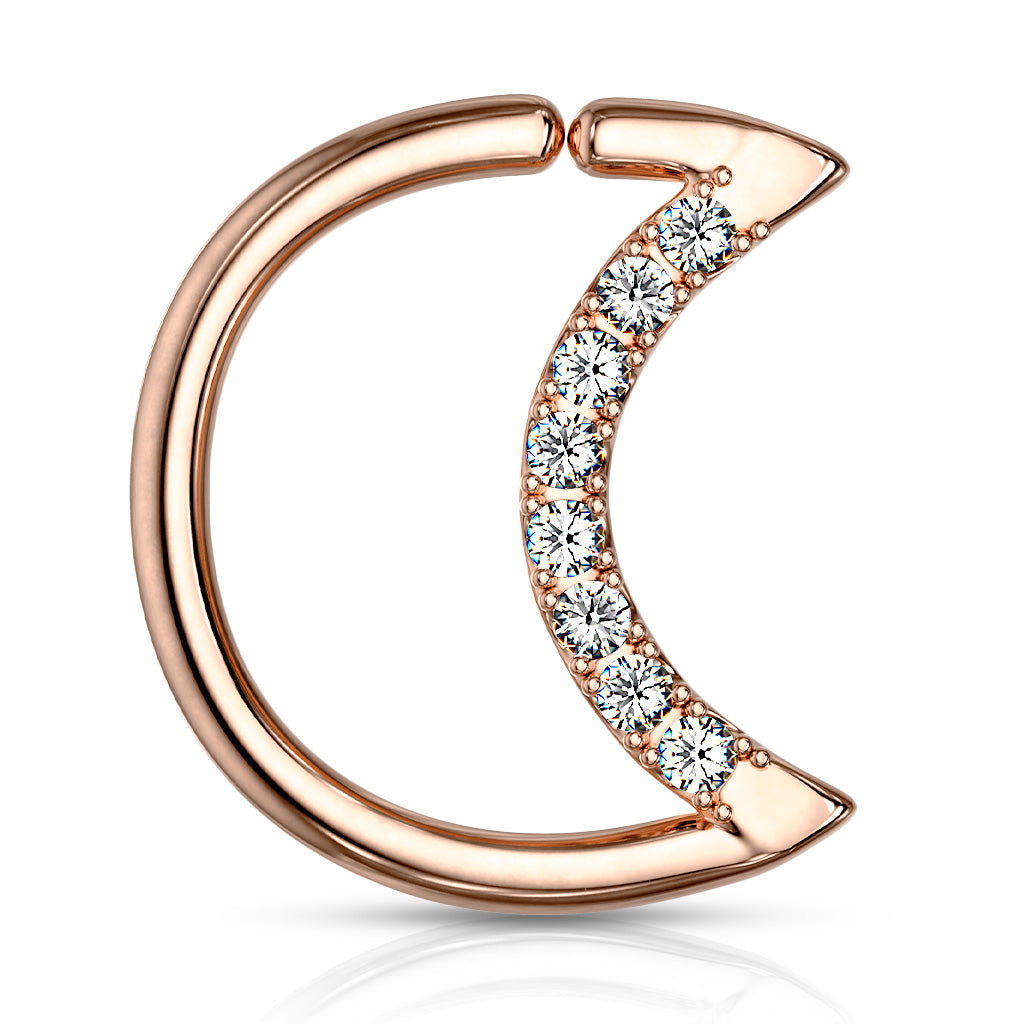 Crystal Lined Crescent Moon Shaped Ear Cartilage, Daith Hoop Rings - Rose Gold/Clear