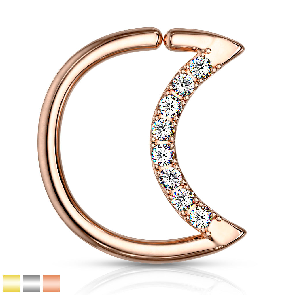 Crystal Lined Crescent Moon Shaped Ear Cartilage, Daith Hoop Rings - all colors