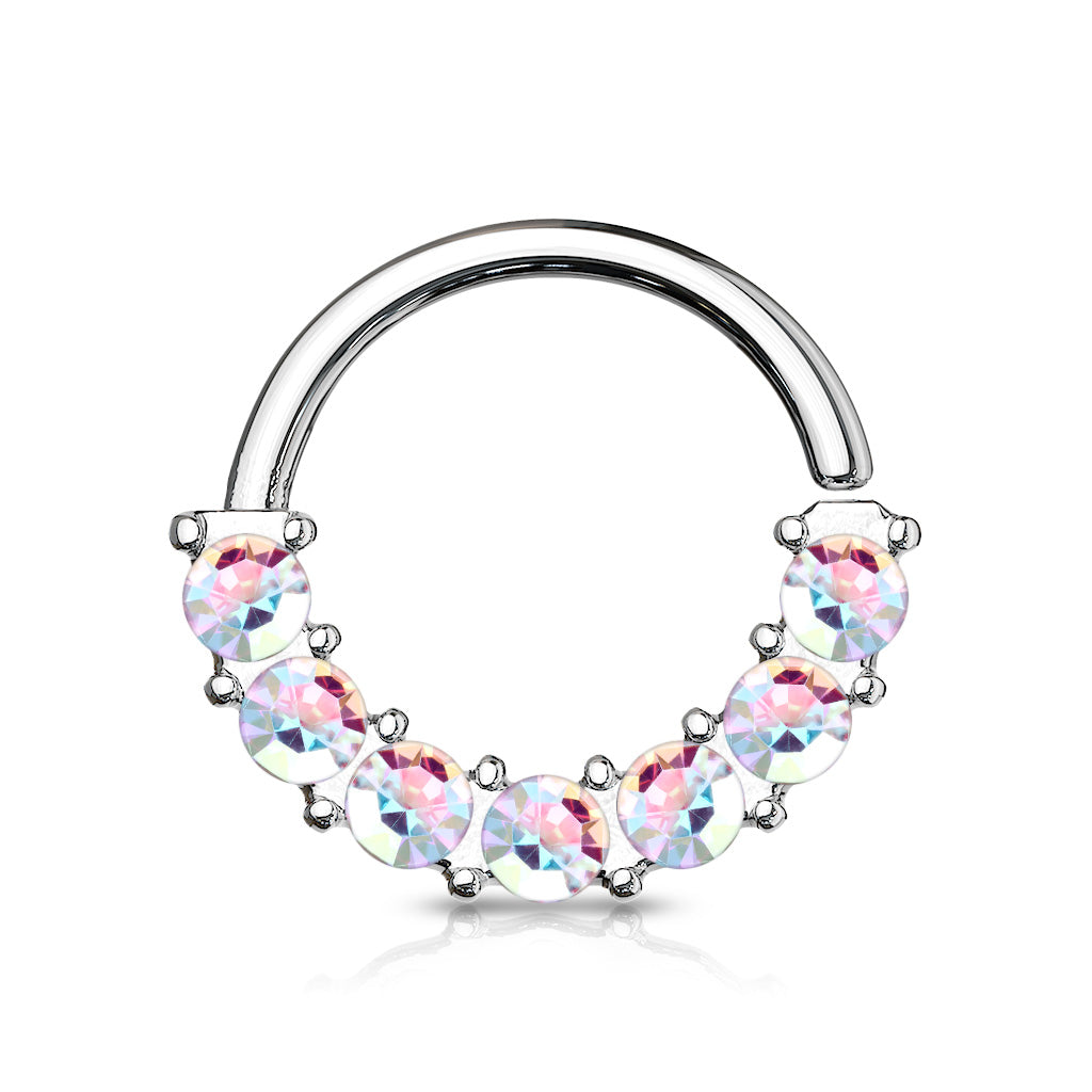 7 Gem Front Facing Set All 316L Surgical Steel Bendable Hoop Rings for Ear Cartilage, Daith, Nose Septum and More - Aurora Borealis