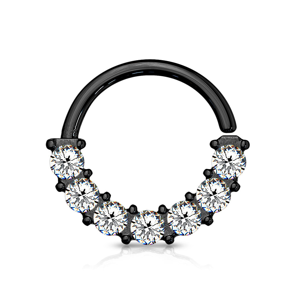 7 Gem Front Facing Set All 316L Surgical Steel Bendable Hoop Rings for Ear Cartilage, Daith, Nose Septum and More - Black/Clear