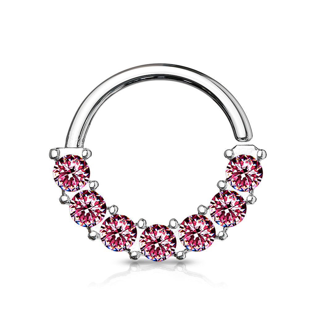 7 Gem Front Facing Set All 316L Surgical Steel Bendable Hoop Rings for Ear Cartilage, Daith, Nose Septum and More - Pink