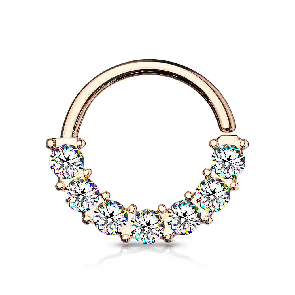 7 Gem Front Facing Set All 316L Surgical Steel Bendable Hoop Rings for Ear Cartilage, Daith, Nose Septum and More - Rose Gold/Clear