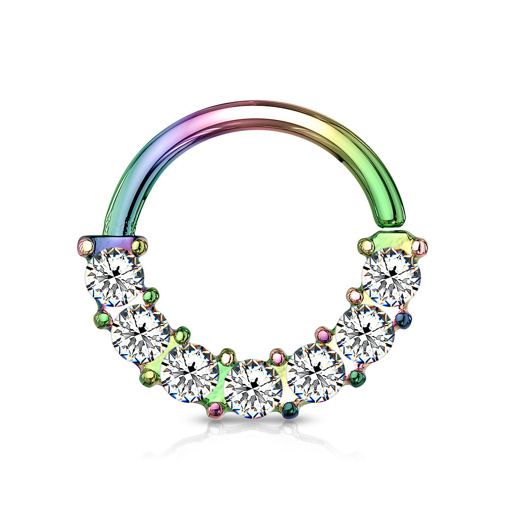 7 Gem Front Facing Set All 316L Surgical Steel Bendable Hoop Rings for Ear Cartilage, Daith, Nose Septum and More - Rainbow/Clear