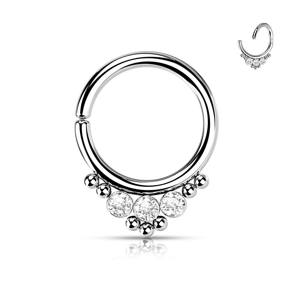 3 CZ Round Flat Ball With Cluster Bead All 316L Surgical Steel Bendable Hoop Ring for Cartilage, Nose Septum and More - Clear