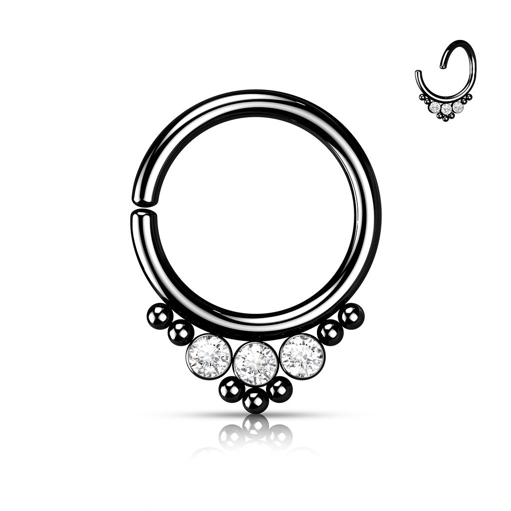 3 CZ Round Flat Ball With Cluster Bead All 316L Surgical Steel Bendable Hoop Ring for Cartilage, Nose Septum and More - Black/Clear