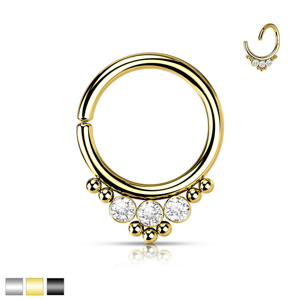 3 CZ Round Flat Ball With Cluster Bead All 316L Surgical Steel Bendable Hoop Ring for Cartilage, Nose Septum and More - all colors