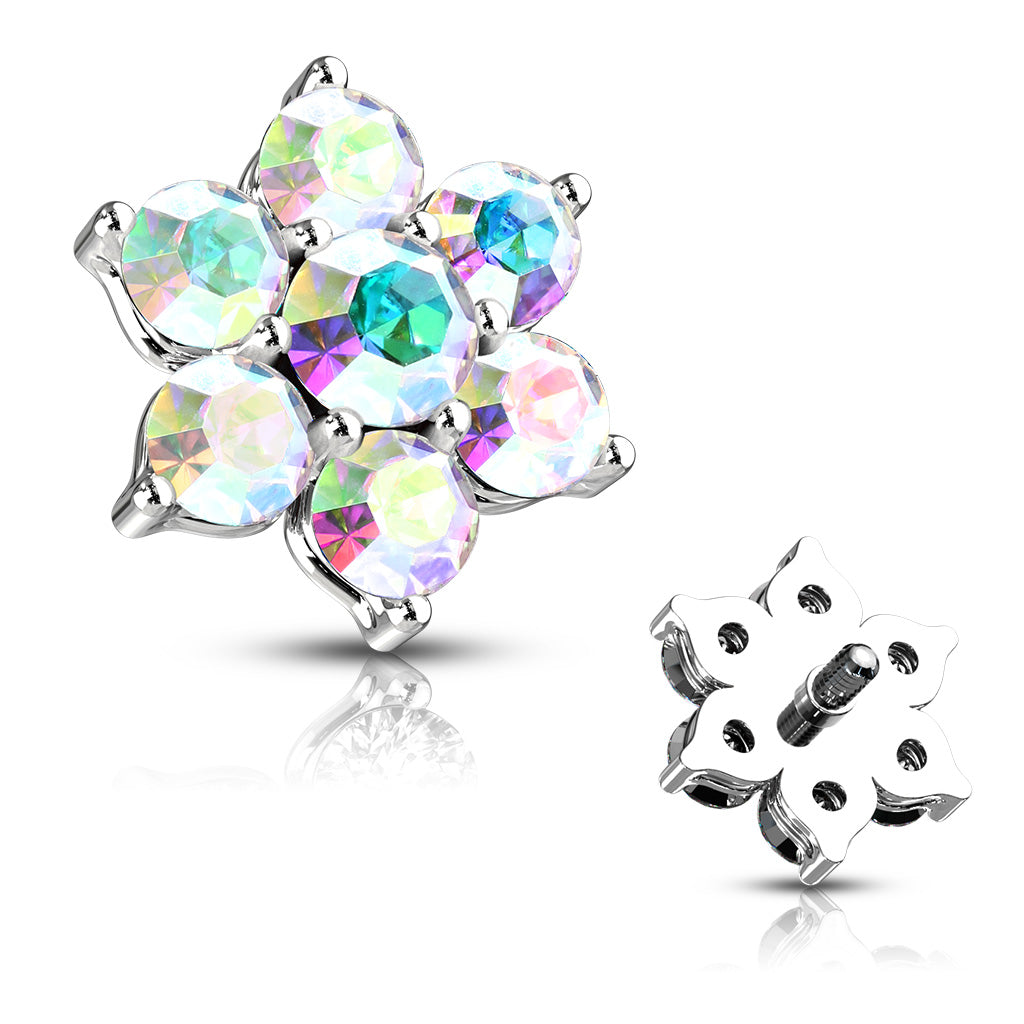 7 CZ Flower Internally Threaded Dermal Tops - Aurora Borealis