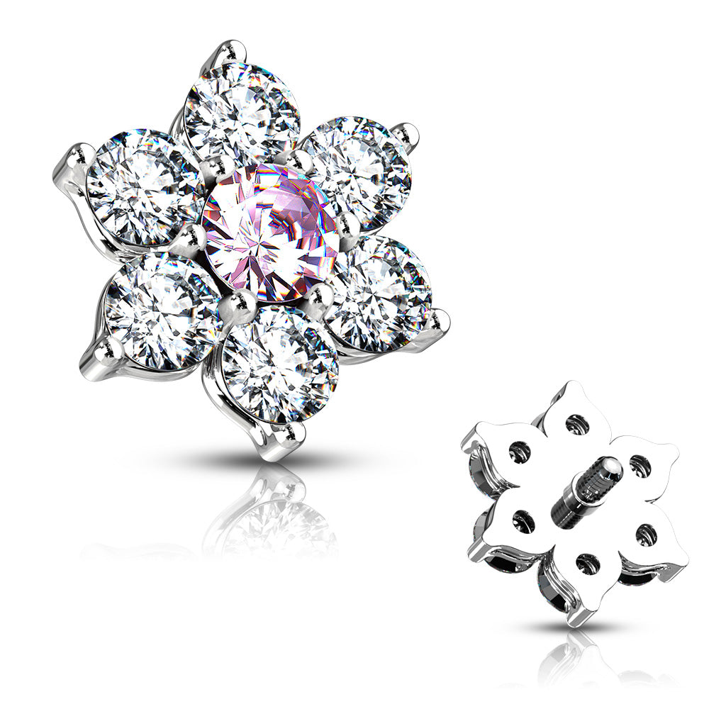 7 CZ Flower Internally Threaded Dermal Tops - Clear/Pink