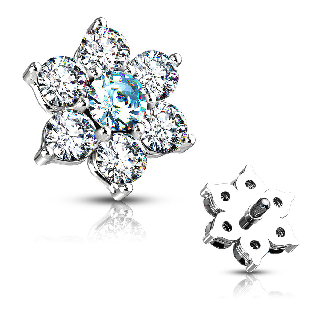 7 CZ Flower Internally Threaded Dermal Tops - Clear/Aqua