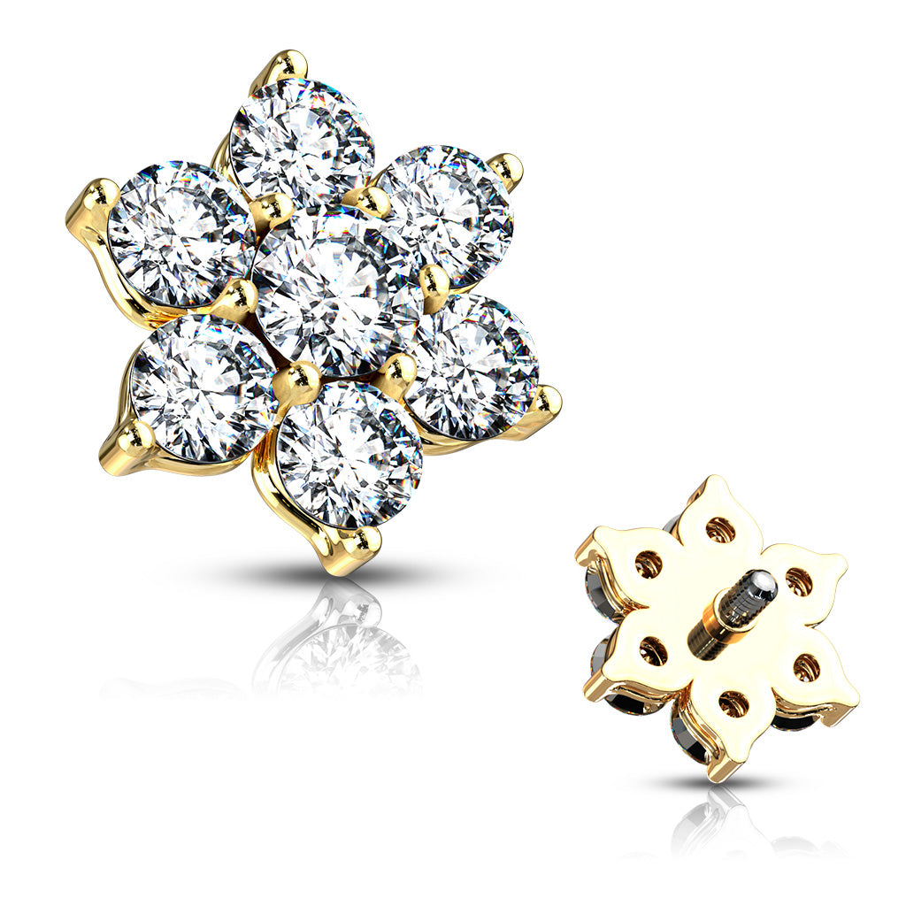 7 CZ Flower Internally Threaded Dermal Tops - Gold/Clear