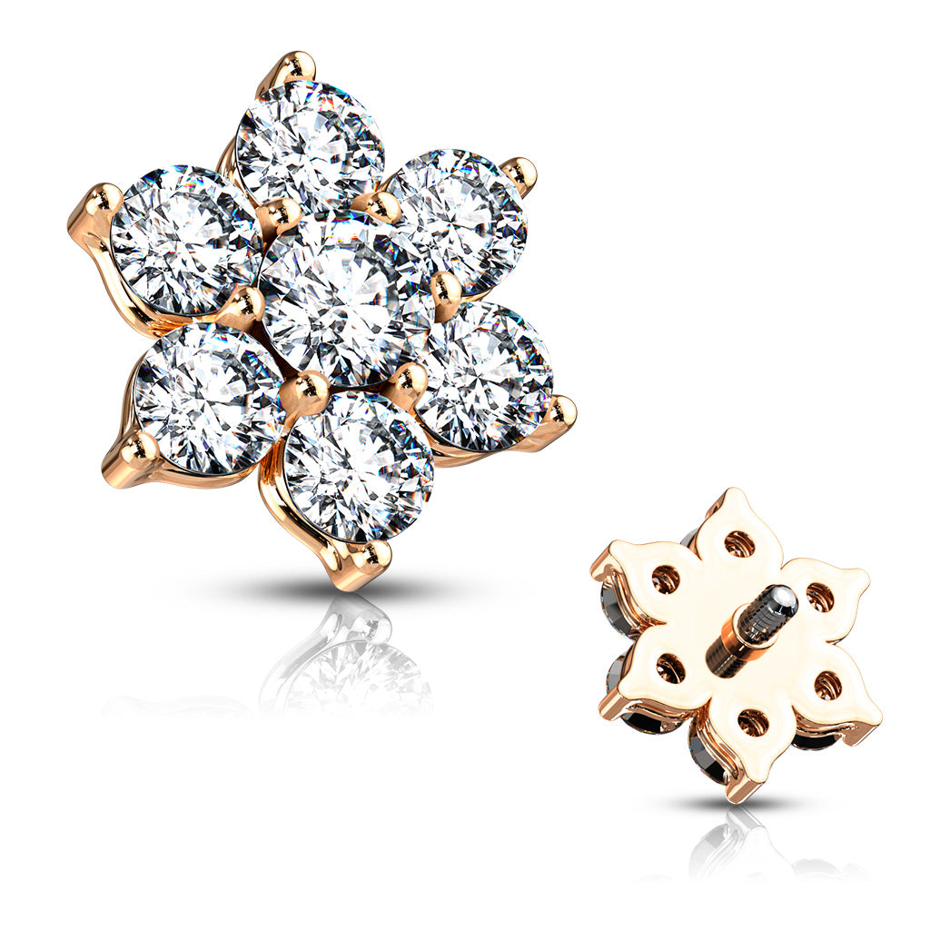 7 CZ Flower Internally Threaded Dermal Tops - Rose Gold/Clear