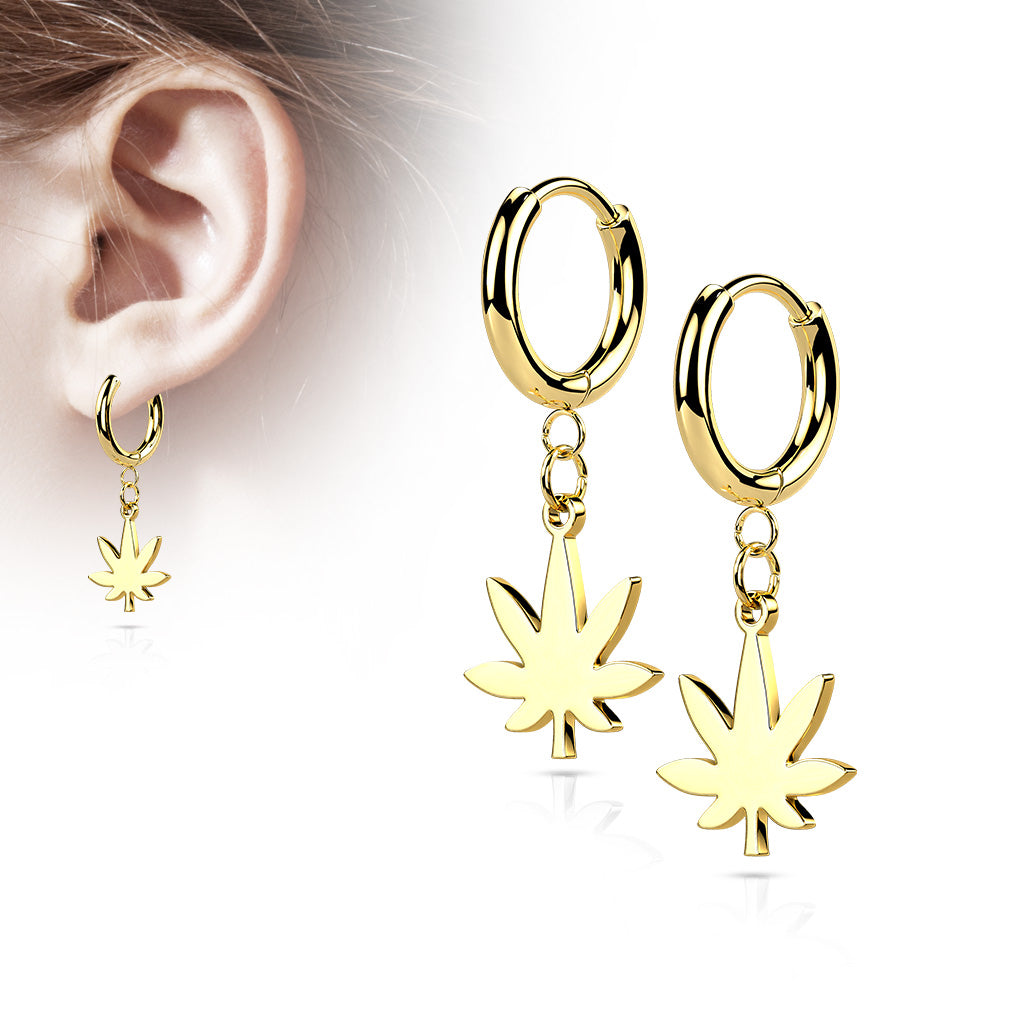 Pair Of 316L Stainless Steel Hinged Hoop Earrings With Pot Leaf Dangle - Gold