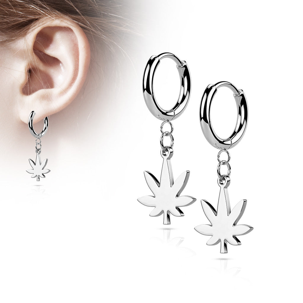 Pair Of 316L Stainless Steel Hinged Hoop Earrings With Pot Leaf Dangle - Steel