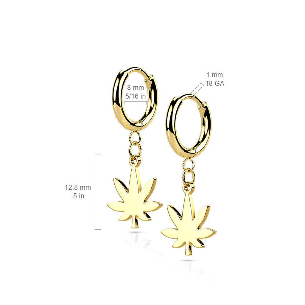 Pair Of 316L Stainless Steel Hinged Hoop Earrings With Pot Leaf Dangle size chart